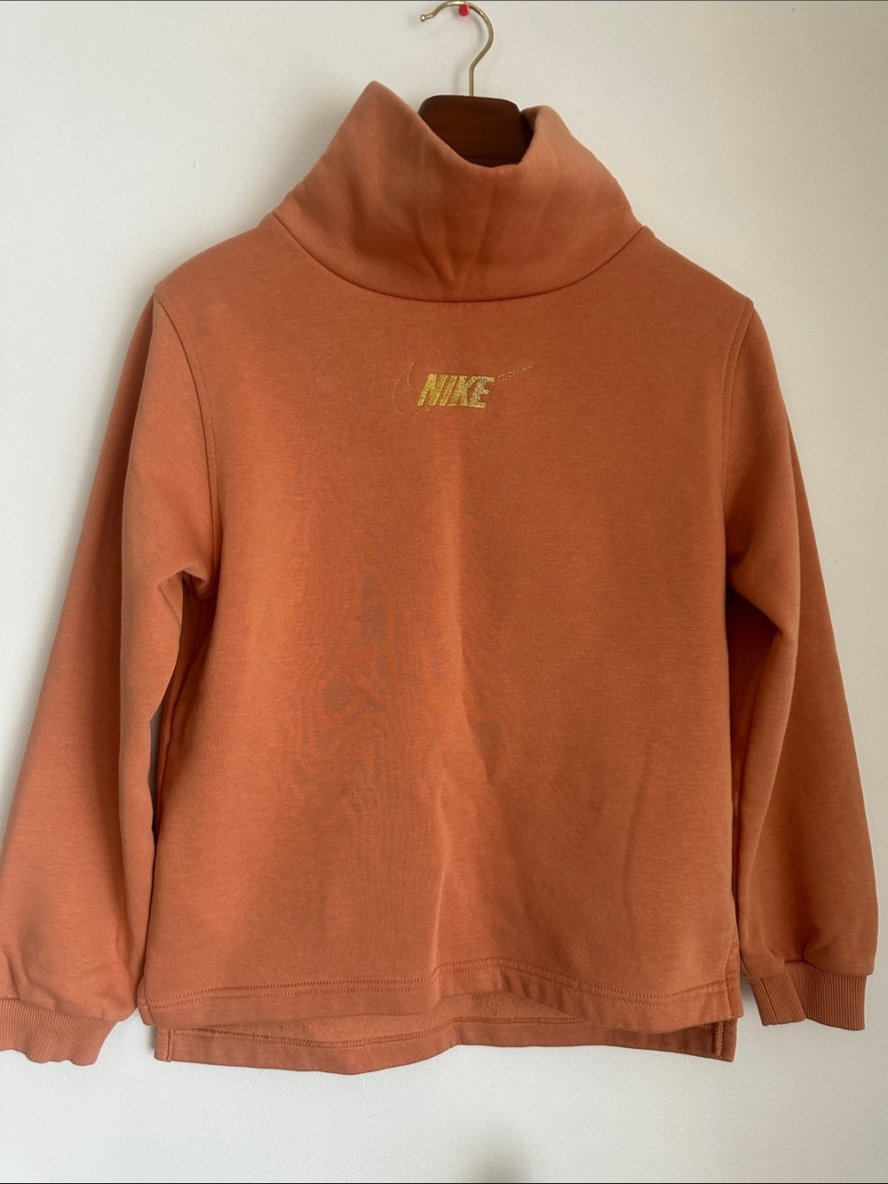 Nike sport club fleece kids Rust Orange Turtleneck Sweatshirt with Gold Logo